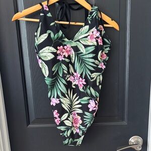 Cupshe Black One-Piece Swimsuit with Pink Floral & Green Leaf Print